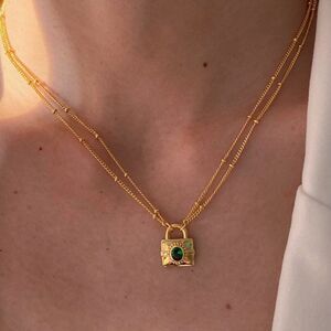 Dainty Gold Double-Layer Lock Pendant Necklace - Double Chain, Emerald Green